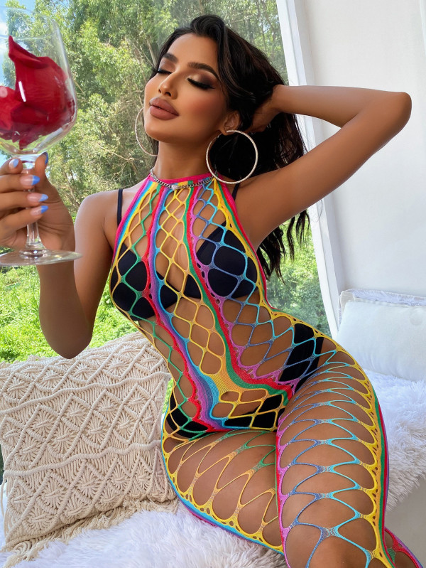 EVE Hollow Out Fishing Net Hang Neck Colorful Stripes Erotic Net Clothes GYDE-YDC10