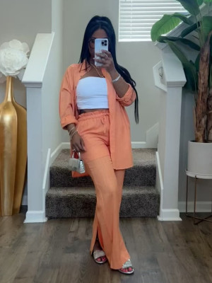 EVE Loose Solid Color Shirt Two Piece Pants Set MIL-034