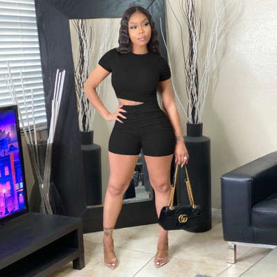 EVE Solid Color Short Sleeve Shorts Two Piece Set TE-4697
