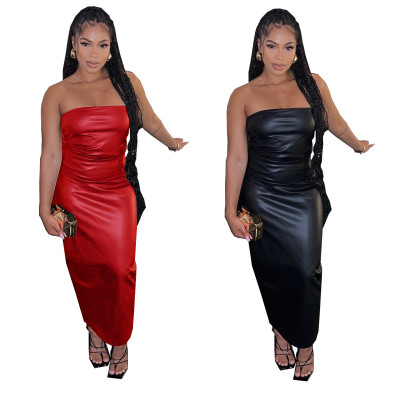 EVE Sexy Solid Color Wrap Chest PU Leather Maxi Dress TE-4698