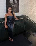 EVE Sexy Solid Color Wrap Chest PU Leather Maxi Dress TE-4698