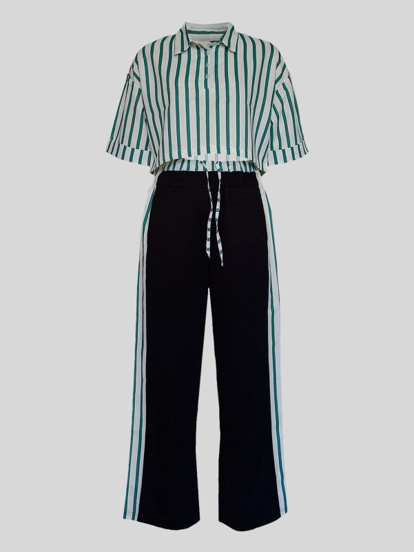 EVE Stripe Short Sleeve Shirt Loose Two Piece Pants Set MIL-T060