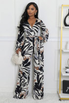 EVE Long Sleeve V Neck Tie Up Print Jumpsuit XHXF-8703