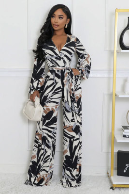 EVE Long Sleeve V Neck Tie Up Print Jumpsuit XHXF-8703