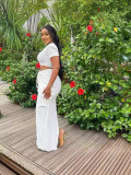 EVE Short Sleeve Solid Crop Top Drawstring Long Skirt 2 Piece Set GADE-8302