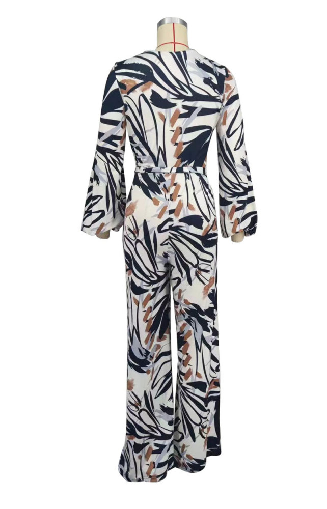 EVE Long Sleeve V Neck Tie Up Print Jumpsuit XHXF-8703