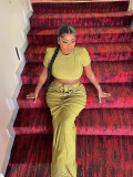 EVE Short Sleeve Solid Crop Top Drawstring Long Skirt 2 Piece Set GADE-8302