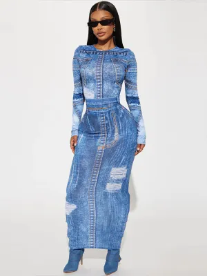EVE Denim Print Long Sleeve Two Piece Skirts Set GADE-5945