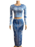 EVE Denim Print Long Sleeve Two Piece Skirts Set GADE-5945
