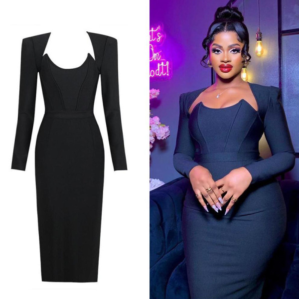 EVE Long Sleeve Solid Color Slim Long Dress GADE-5721