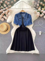 EVE Contrast Color Patchwork Denim Midi Dress GADE-9826