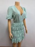 EVE Ruched Lantern Sleeve Deep V Mini Dress GADE-5003
