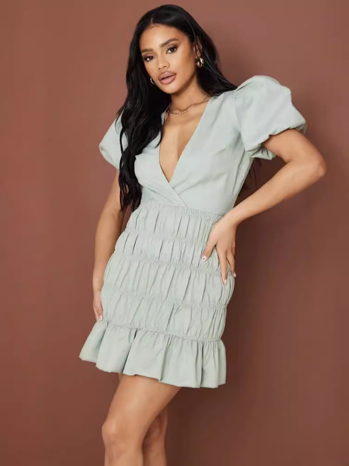 EVE Ruched Lantern Sleeve Deep V Mini Dress GADE-5003