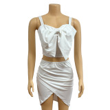 EVE Solid Color Bow Sling Top Two Piece Skirt Set GADE-5636