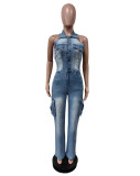EVE Washed Sleeveless Halter Denim Jumpsuit MEM-MZ88593