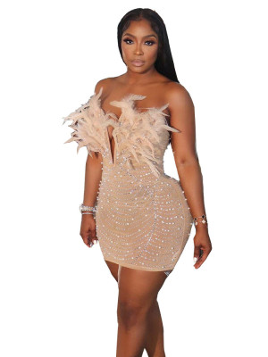 EVE Feather V Neck Hot Drill Mini Dress GADE-5662