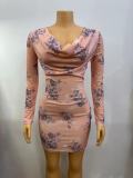 EVE Long Sleeve Print Pleated Mini Dress GADE-5911