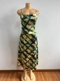 EVE Satin Backless Printed Halter Midi Dress GADE-8205