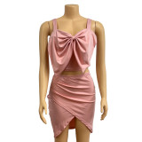 EVE Solid Color Bow Sling Top Two Piece Skirt Set GADE-5636