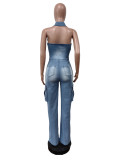 EVE Washed Sleeveless Halter Denim Jumpsuit MEM-MZ88593
