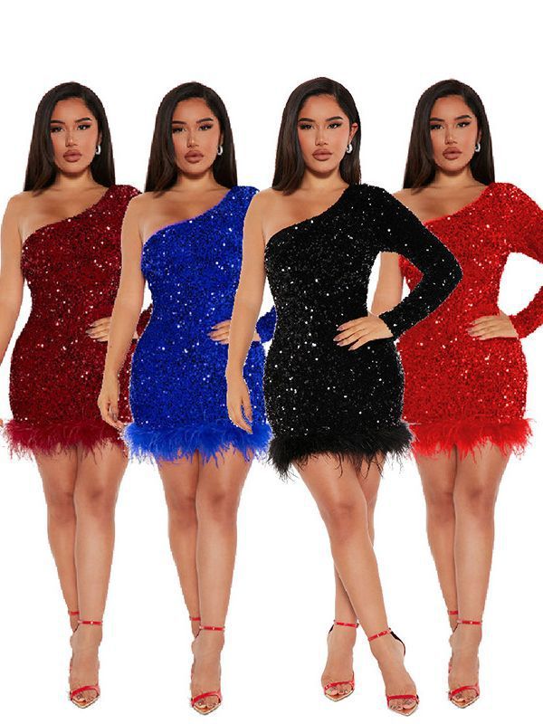 EVE Single Shoulder Long Sleeve Sequin Mini Dress GADE-2921