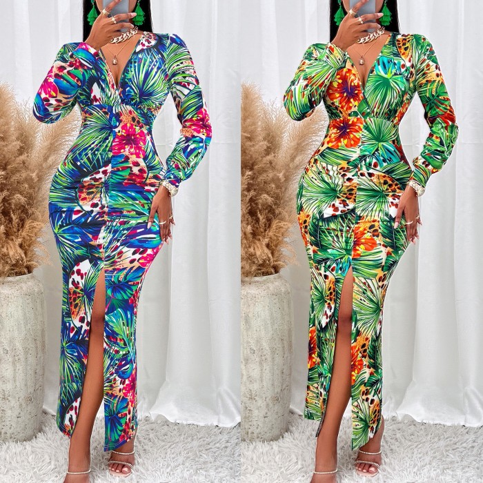 EVE Print V Neck Long Sleeve Split Maxi Dress GADE-5885