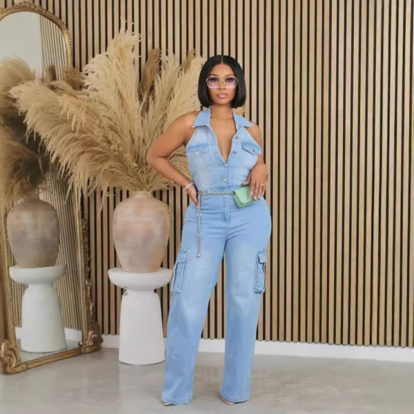 EVE Washed Sleeveless Halter Denim Jumpsuit MEM-MZ88593