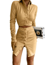 EVE Fashion Lapel Solid Color Pleated 2 Piece Skirt Set GADE-2713