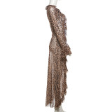 EVE Leopard Print Deep V Neck Split Maxi Dress XEF-53059