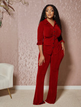 EVE Velour Lapel Long Sleeve Button Shirt Micro Flare Pant Set MIL-T8672