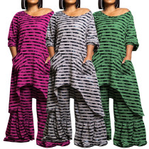EVE Plus Size Stripe Irregular Tops And Wide Leg Pants 2 Piece Set NNWF-8046