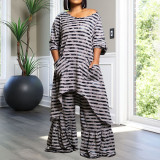 EVE Plus Size Stripe Irregular Tops And Wide Leg Pants 2 Piece Set NNWF-8046