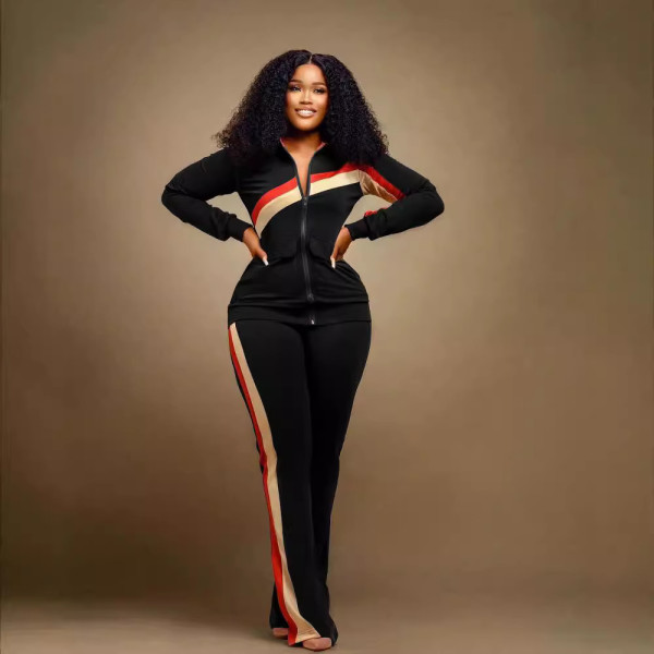 EVE Stripe Patchwork Zipper Two Piece Pants Set SFY-TW521