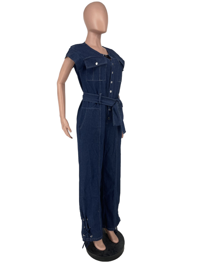 EVE Solid Color Denim Sleeveless Jumpsuit FNN-DN8727