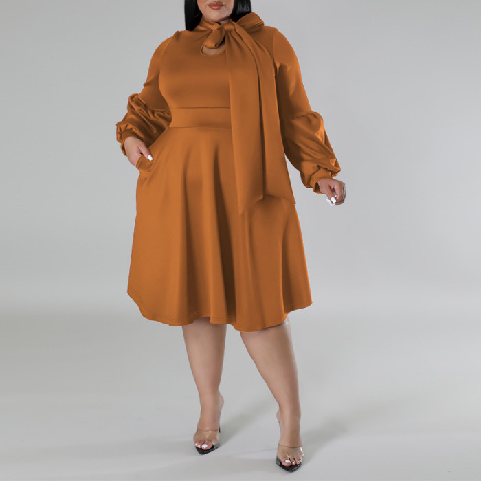 EVE Plus Size Scarf Bubble Sleeve Midi Dress GDAM-J8001