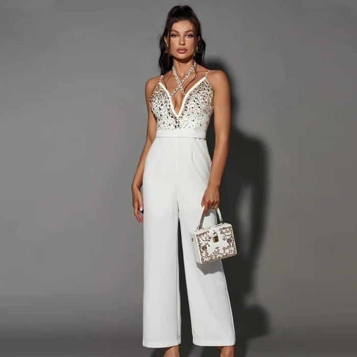 EVE Hot Drill Sling V Neck Straight Jumpsuit CYA-901382