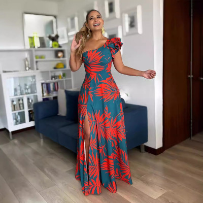 EVE Single Shoulder Print Split Evening Dress GYLY-10527