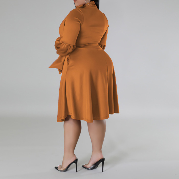 EVE Plus Size Scarf Bubble Sleeve Midi Dress GDAM-J8001