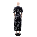EVE V Neck Print Bubble Sleeve Cardigan Dress GYLY-10512