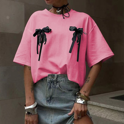 EVE Bow Tie Patchwork Loose T-Shirt DYSC-DY24A1494WSB051013