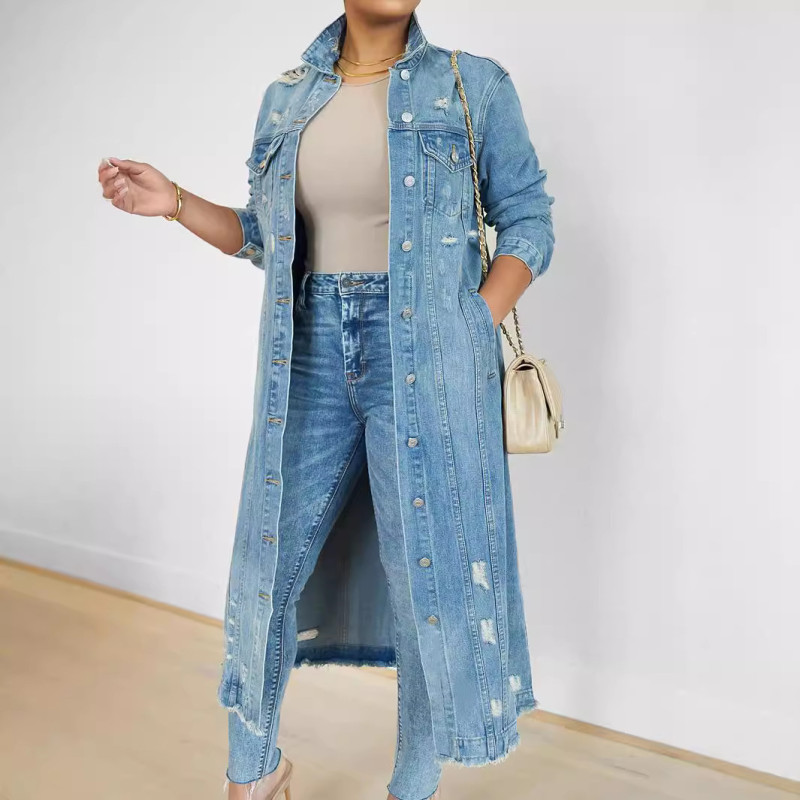 EVE Fashion Holes Long Sleeve Denim Coat GKNF-TSC-2328