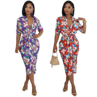 EVE Loose Print Long Sleeve Tie Up Long Shirt XHXF-967