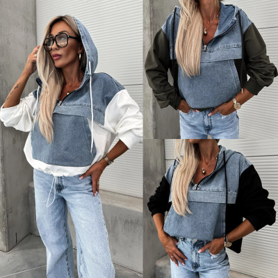 EVE Loose Washed Denim Patchwork Hooded Sweatshirt GYAN-705