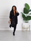EVE Solid Color Long Sleeve Sequin Shirt Dress OMY-MY11066
