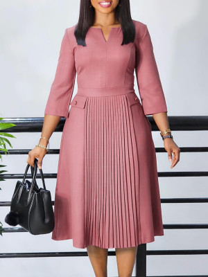 EVE Solid Color Pleated 3/4 Sleeve Midi Dress GATE-D529