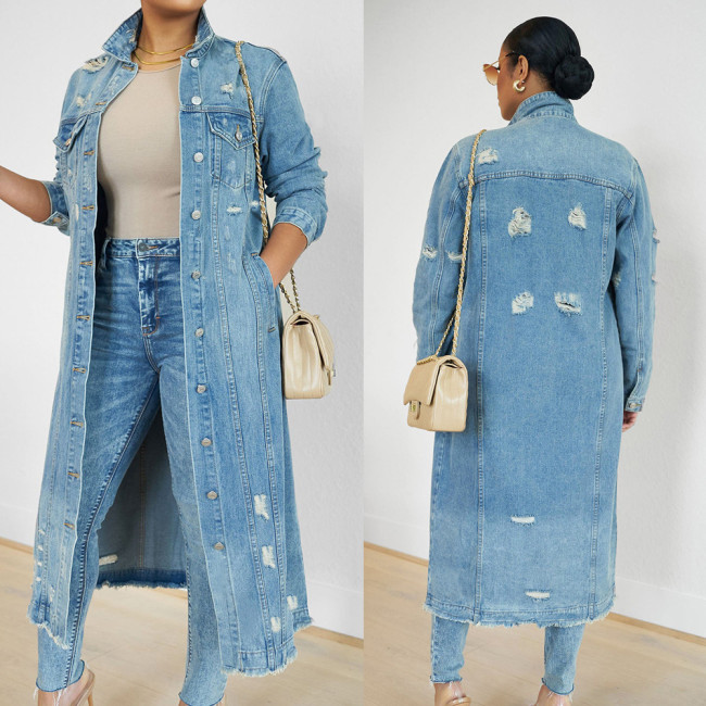 EVE Fashion Holes Long Sleeve Denim Coat GKNF-TSC-2328