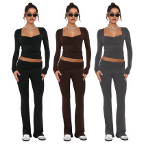 EVE Solid Color Long Sleeve Micro Pants 2 Piece Set GXYF-H0415