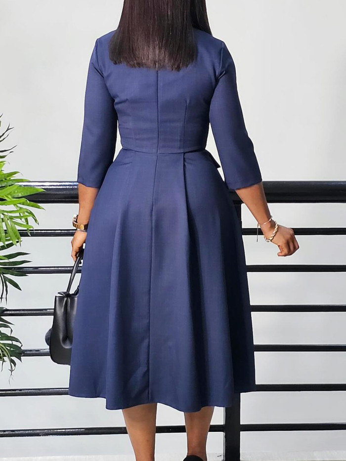 EVE Solid Color Pleated 3/4 Sleeve Midi Dress GATE-D529