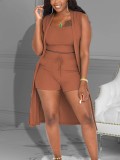 EVE Solid Ribbed Tank Top+Sleeveless Cloak+Shorts 3 Piece Sets ZDF-31210