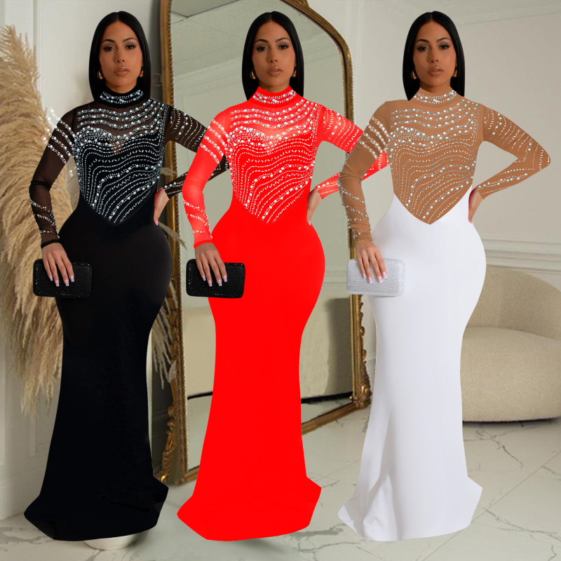 EVE Solid Color Hot Drill Long Sleeve Maxi Dress GFYX-C7043